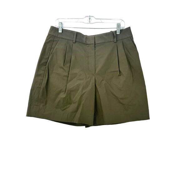 Theory High-Rise Pleated Shorts in Stretch Cotton Twill Olive Size 10 NWOT - Picture 2 of 12